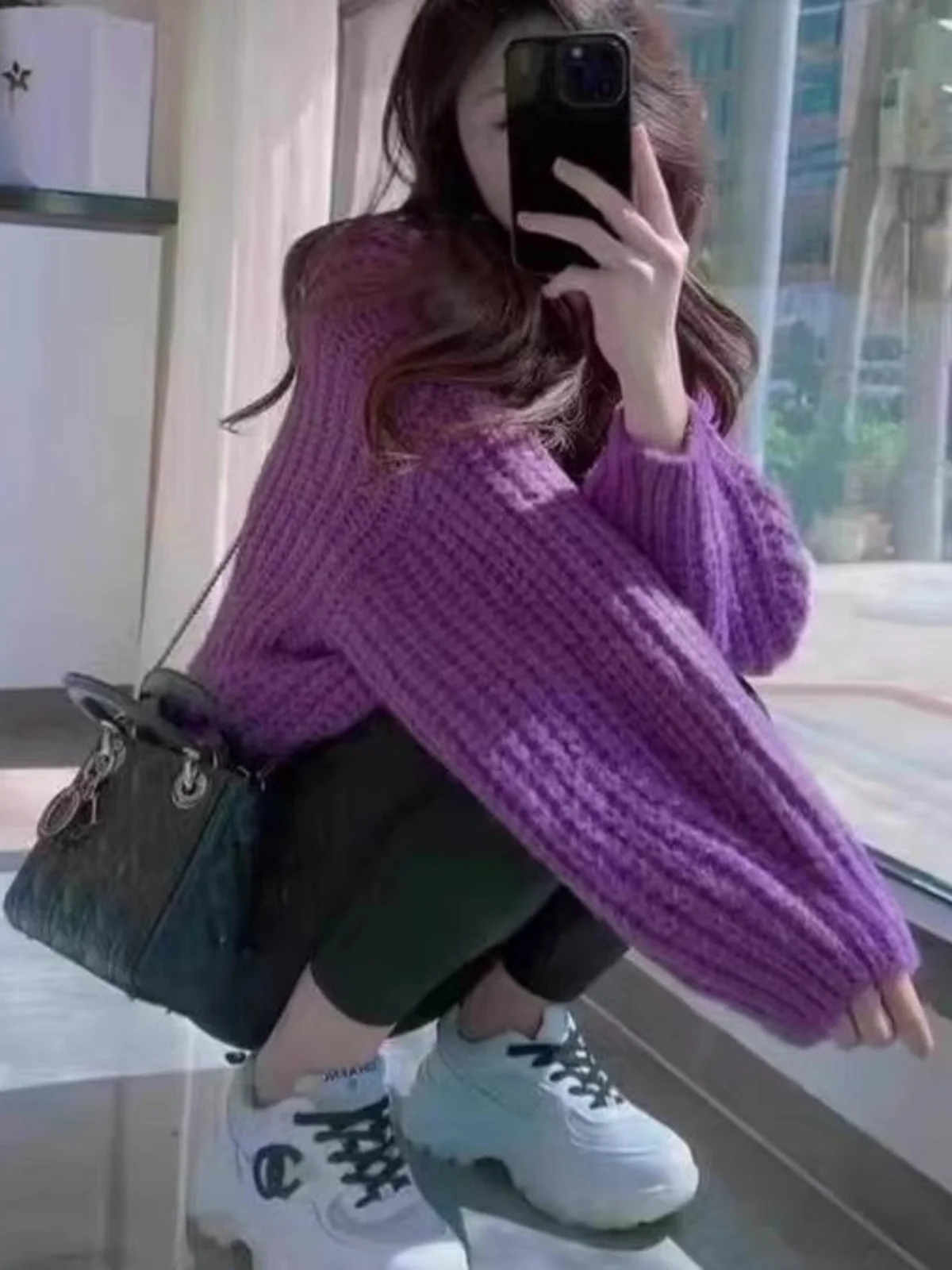 หมวกไหมพรมถักทรงหลวมสำหรับผู้หญิง สไตล์เกาหลี ฤดูใบไม้ร่วง ฤดูหนาว แฟชั่นลำลอง อุ่นสบาย ระบายอากาศได้ดี แขนยาว สีพื้น