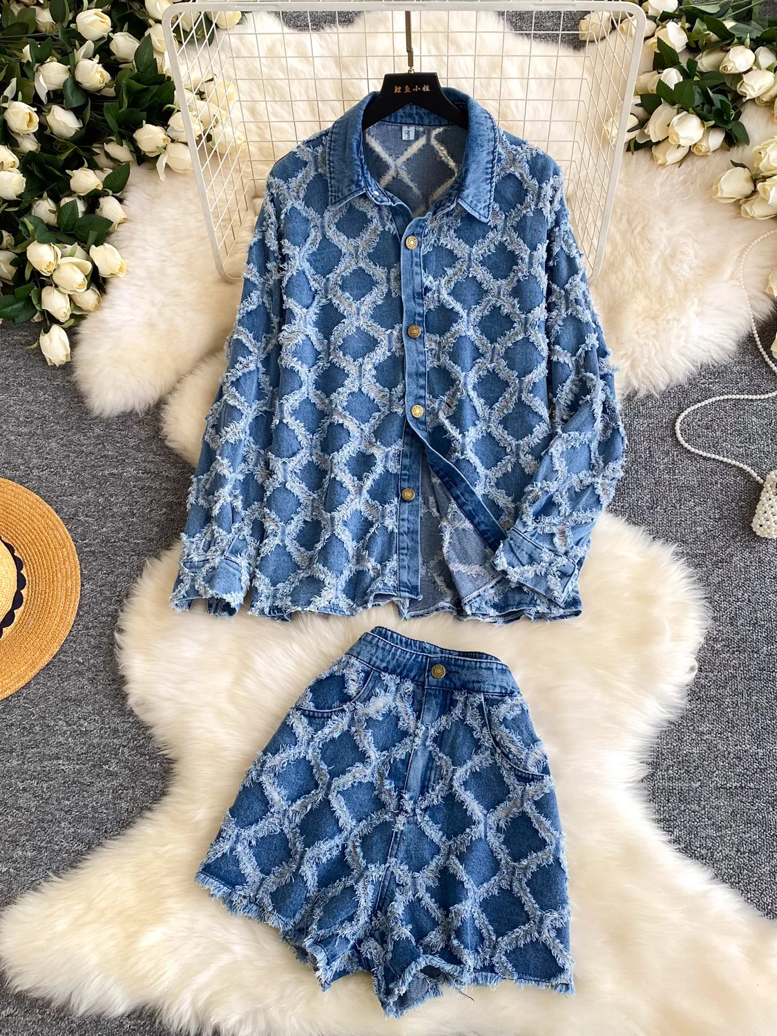 

Denim Two-Piece Set Women's Fashion Autumn New Style Heavy Embroidery Coat Skirt Set High Waist Straight Leg J...