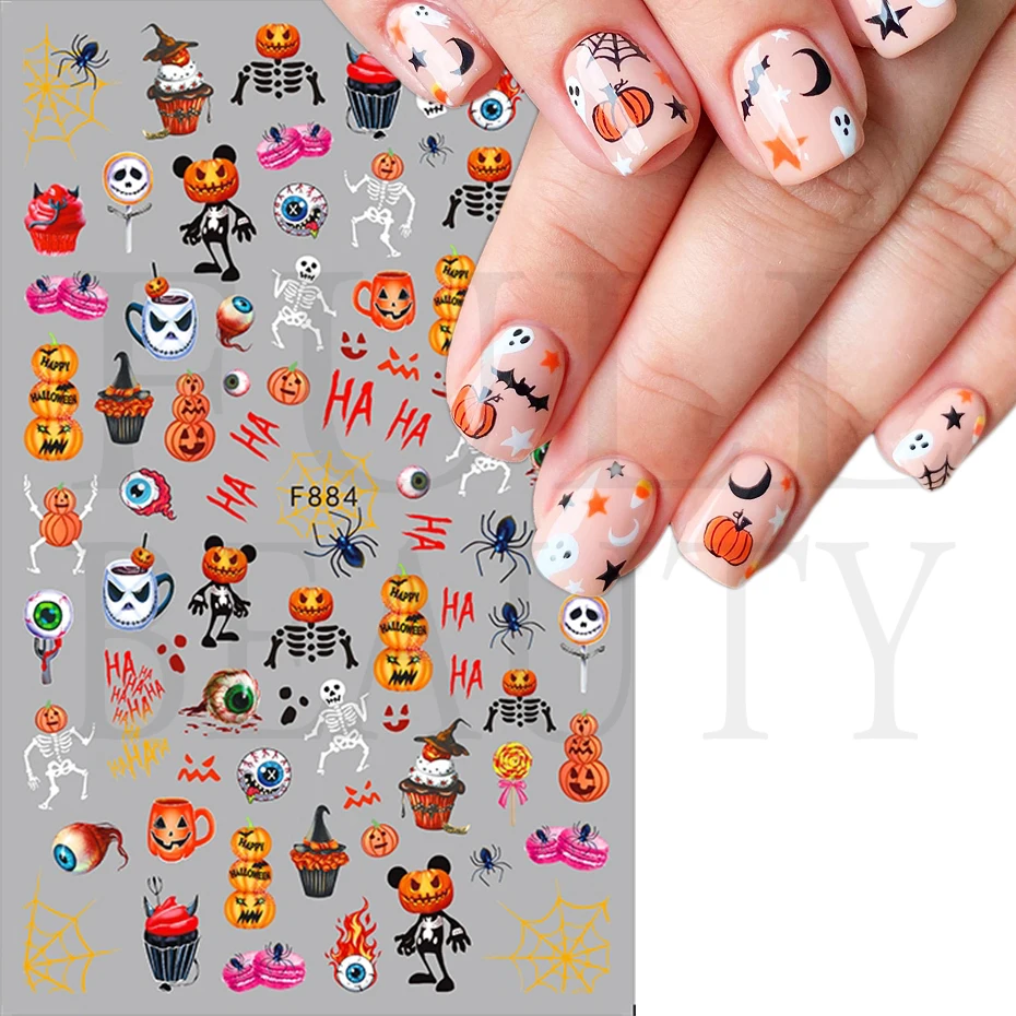 Halloween Decal 3D Nail Art Stickers Cartoon Candy Pumpkin Spider Web Tattoo Sliders Nail Design Nail Art Decor Manicure LEF887