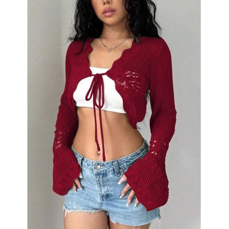 

New B 8999 Pure Color V-Ne Belted Front Long Sve Open Cardigan Women's Knitted Sweater Ciwalk Collar Deformable