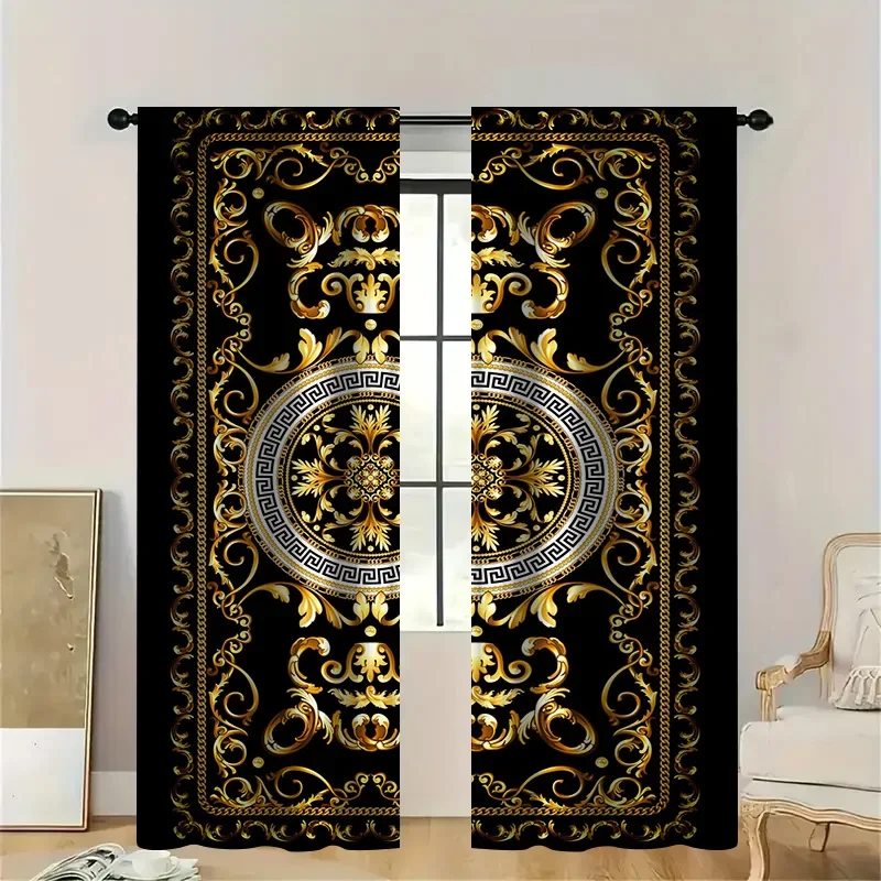 2PC Luxury Blackout Curtains, Gold Greek Key Pattern,Elegant Damask Drapes for Living Room & Bedroom,Classic European Home Decor