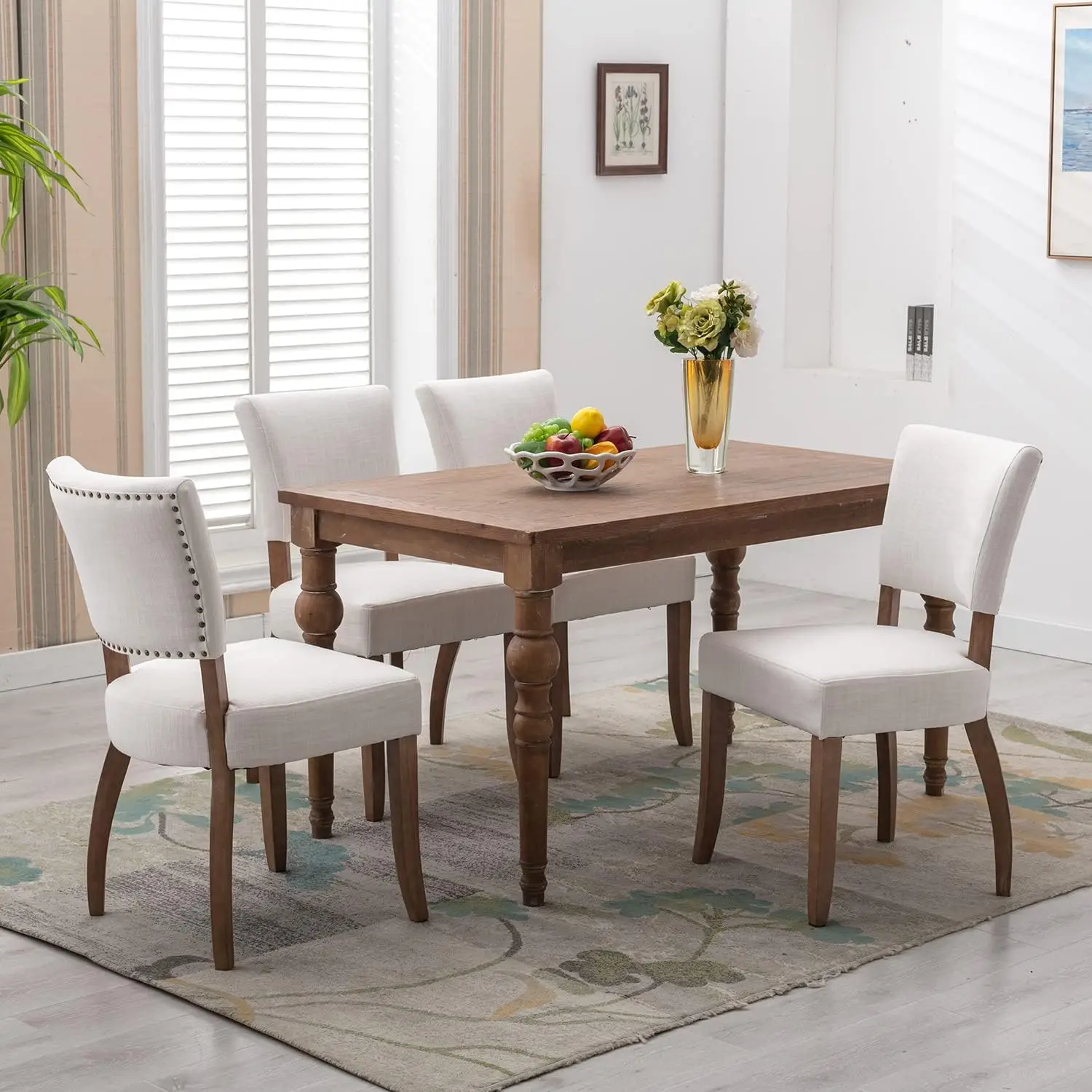 Cream Dining Chairs Set Of 4, Linen Upholstered Chair Farmhouse Dining Chair With Nailhead Trim Back And Solid Wood Legs For