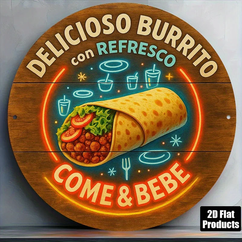 Letrero Redondo de Aluminio con Temática de Burrito Mexicano - Tablero de Menú en Español con Arte de Burrito, Guacamole y Salsa - Decoración Retro para Comedor
