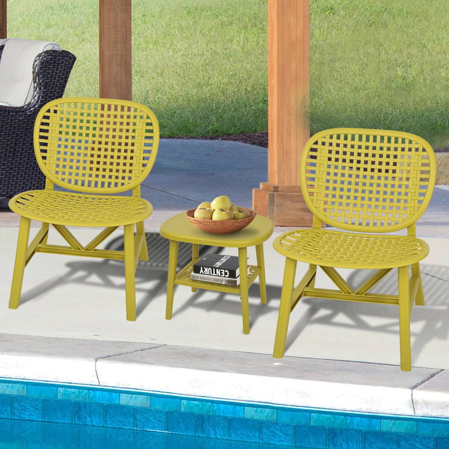 3 Pieces Hollow Design Patio Table Chair Set All Weather Conversation Bistro Set Outdoor Coffee Table with Open Shelf and Lounge