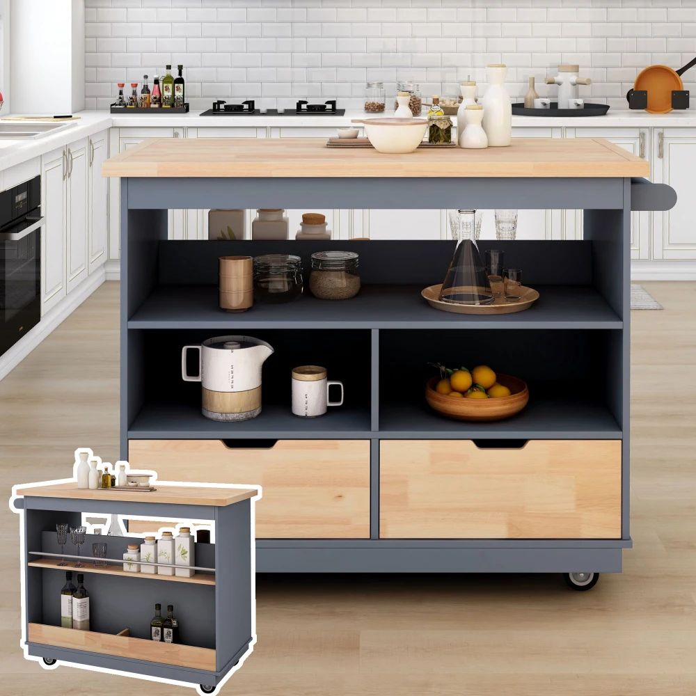 Rolling Kitchen Island with Storage, Two-sided Kitchen island Cart on Wheels with Wood Top, Wine and Spice Rack