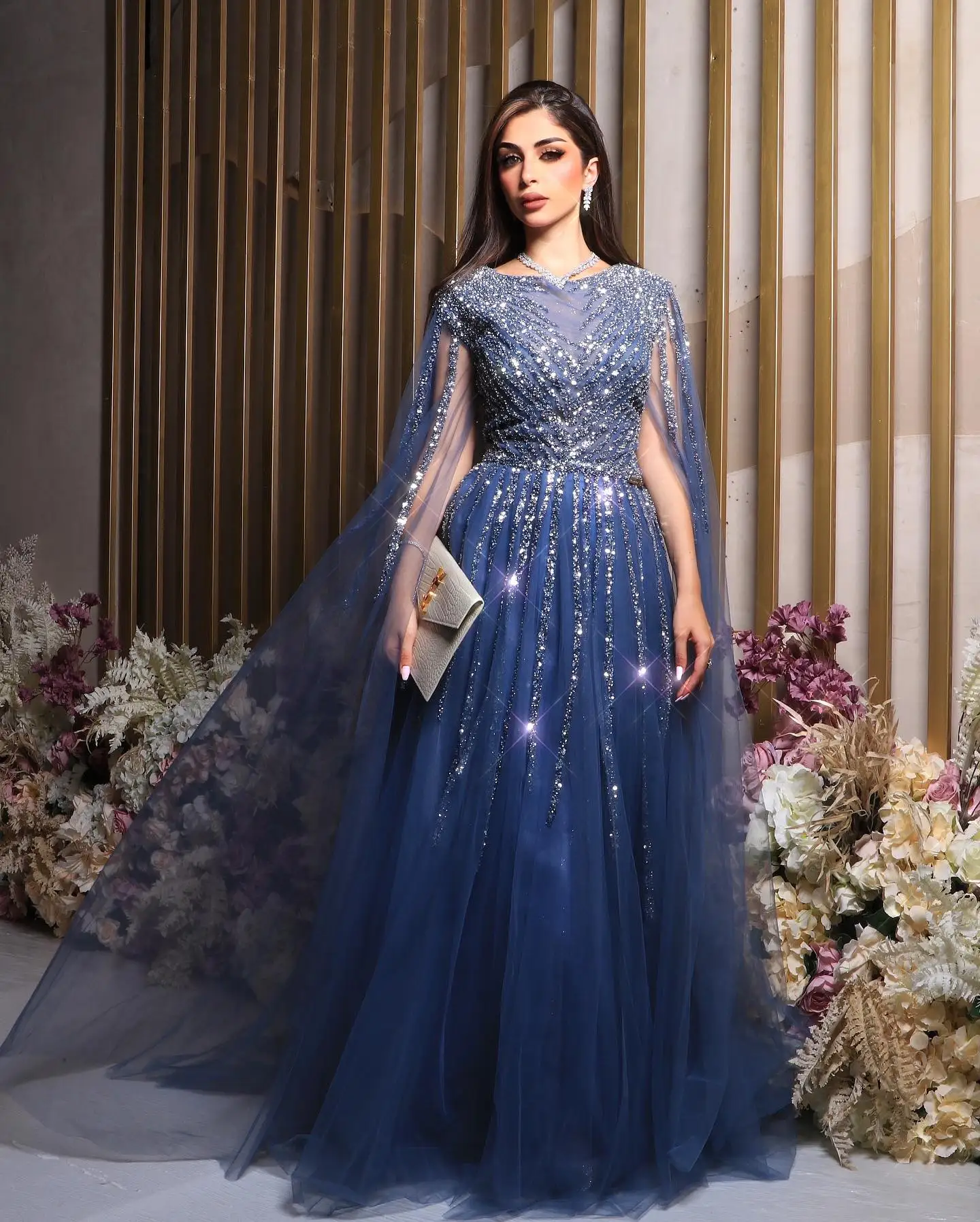 

Linyang Blue High Neckline Prom Dress Floor Length With Long Sleeves Beaded Evening Summer Elegant Party Dress For Women