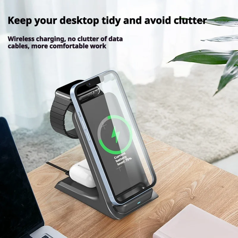 15W 3-in-1 Wireless Charger for iPhone iWatch AirPods Qi Certification Desktop Phone Holder Quick Charging Base