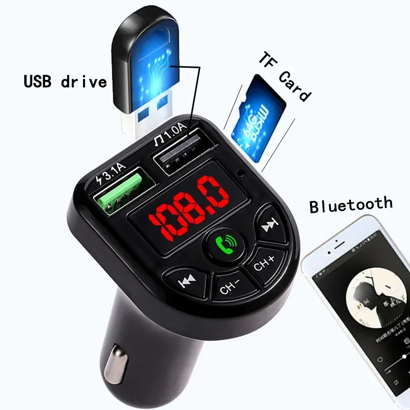 

Dual USB Car Charger 3.1A 1A, 2 USB, FM Transmitter, Bluetooth 5.0, MP3 Music Player, Support TF/U Disk, New LED Car Kit