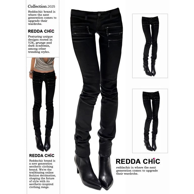

ReddaChic Zip Pockets Black Jeans for Women Gothic Retro Stretchy Low Waist Straight Fitted Denim Trousers Biker Moto Streetwear
