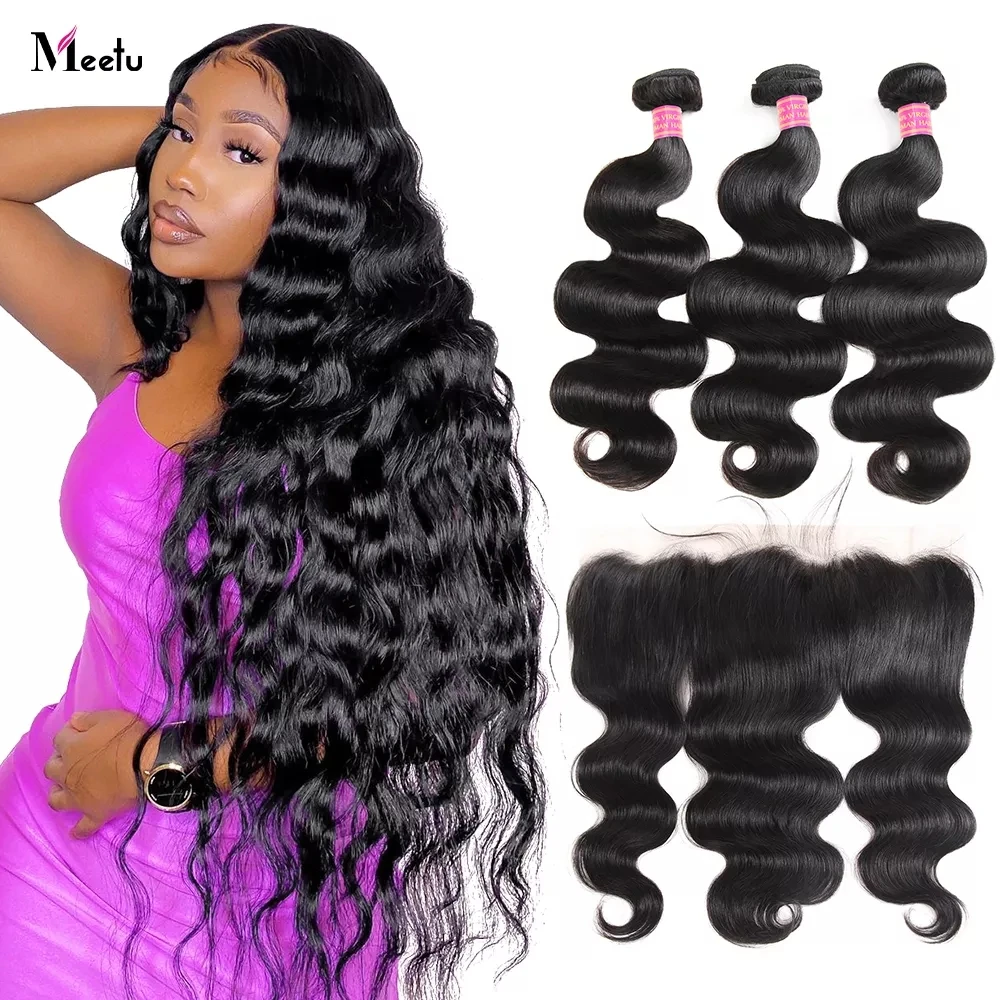 

Meetu Body Wave Bundles With Frontal Brazilian Hair Weave With 13x4 Transparent Lace Frontal Remy Human Hair Extension For Women