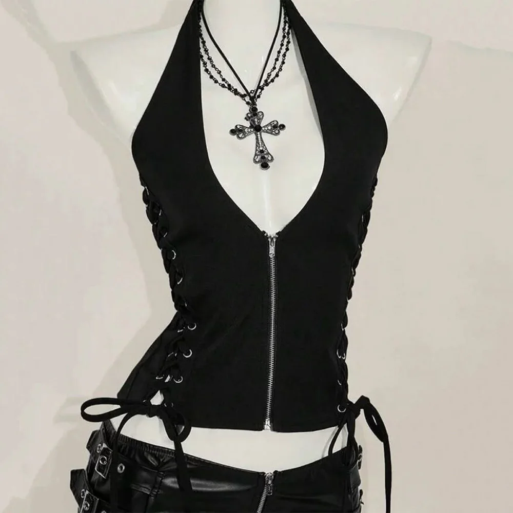

Y2k Tank Vintage Clothes T-Shirt Women Solid Camisole Bandage Zipper Spring Summer Sexy Fashion Vintage Halter Gothic Tank Tops