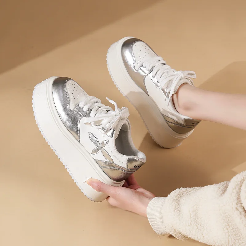 

Women's Thick Bottomed Genuine Leather Sneakers Spring 2025 Casual Cross Loafers Heightening Platform Flats Comfortable Shoes