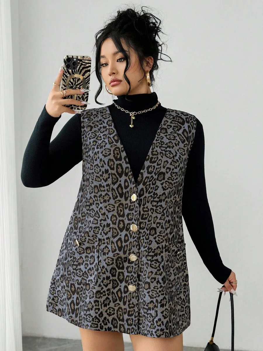 

Women V-Neck Sleeveless Leopard Print Button Front Dress Autumn Winter