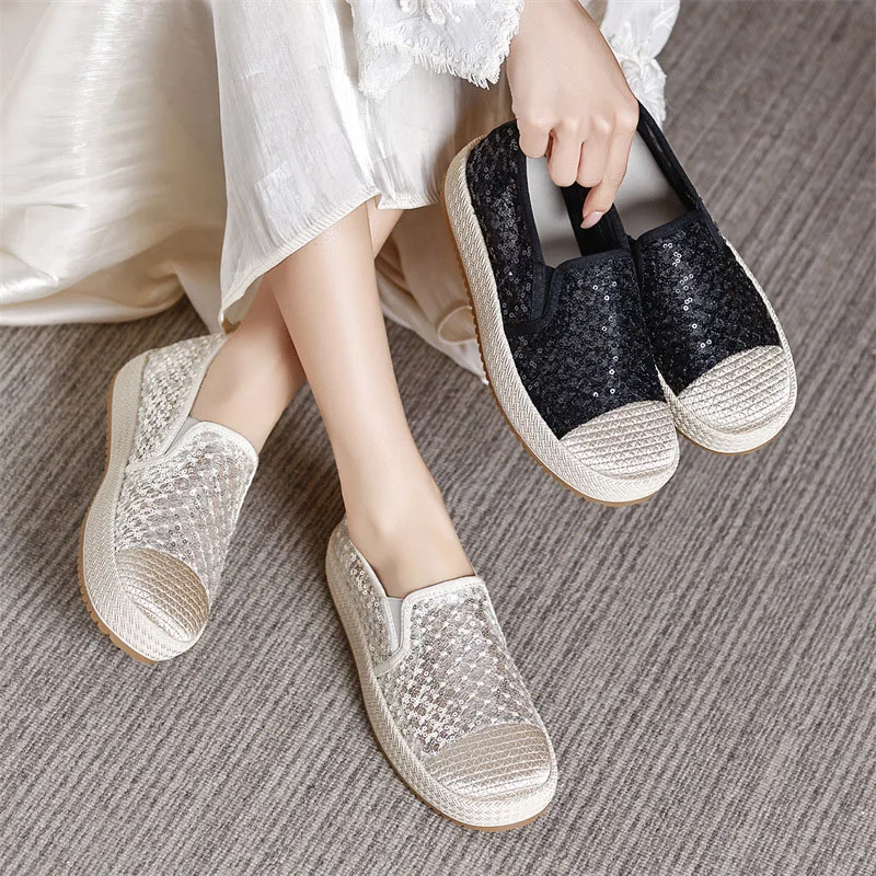 

XMWRLW 2026 Spring Summer Breathable Mesh Flat Shoes Women Slip on Loafers Fashion Ladies Fisherman Shoes Spring Flat Loafers