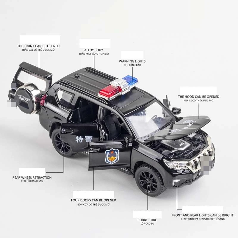 1/32 Alloy Diecasts Prado Police SUV Car Model Toy With Sound And Light 6 Doors Opened Pull Back Metal Vehicles Children Toys