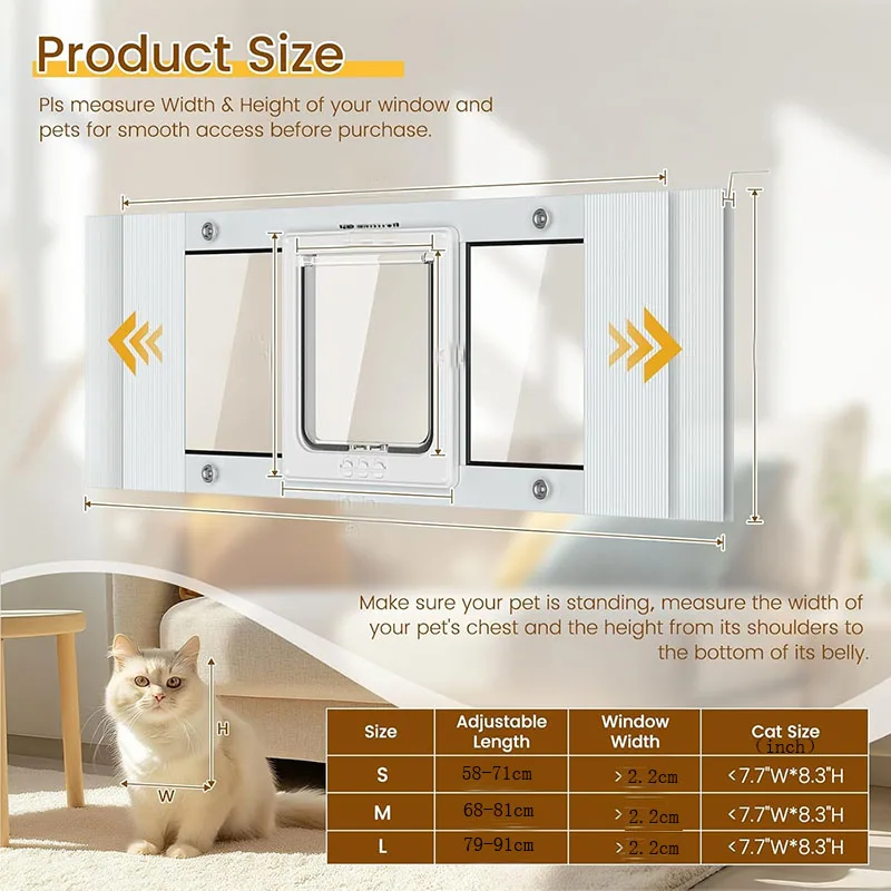 Quick Fit Cat Door for Window Adjustable Width with Magnetic Auto Closure Pet Door for Window Insert for Small Medium Cats