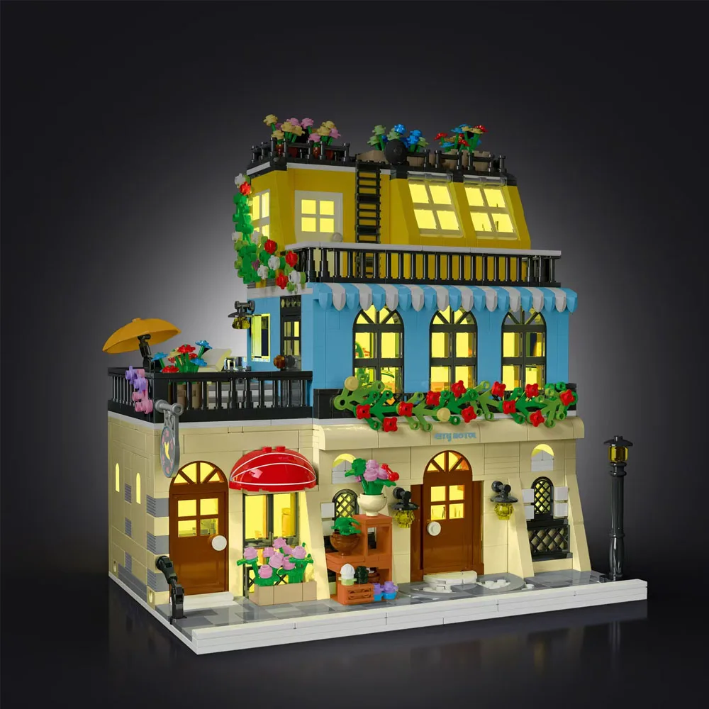 In stock City Street View Modular Coffee Restaurant Retro House with LED Light MOC Architecture Building Block Sets Toys Kids