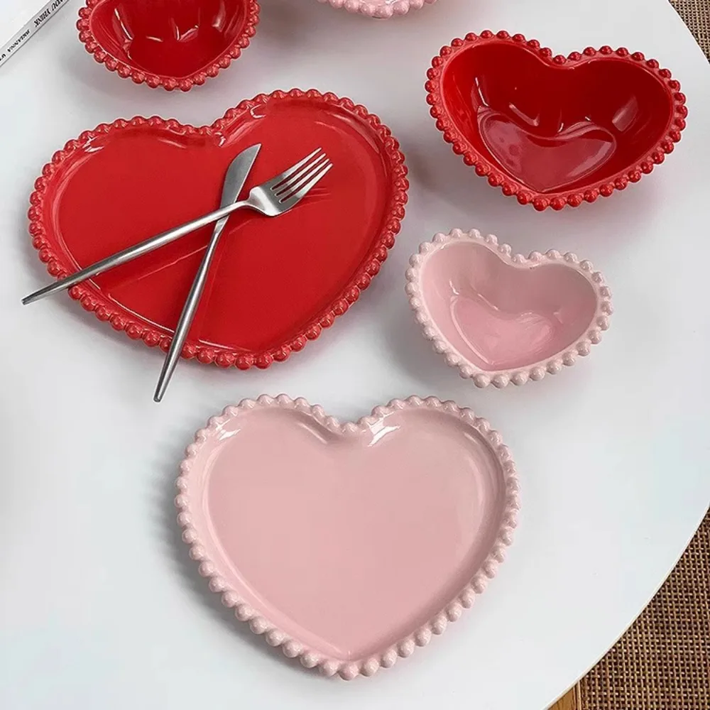 Creative Pink Bead Dots Ceramic Heart Dinner Plate Tableware Home Dessert Cake Plate Porcelain Salad Plate Kitchen Utensils New