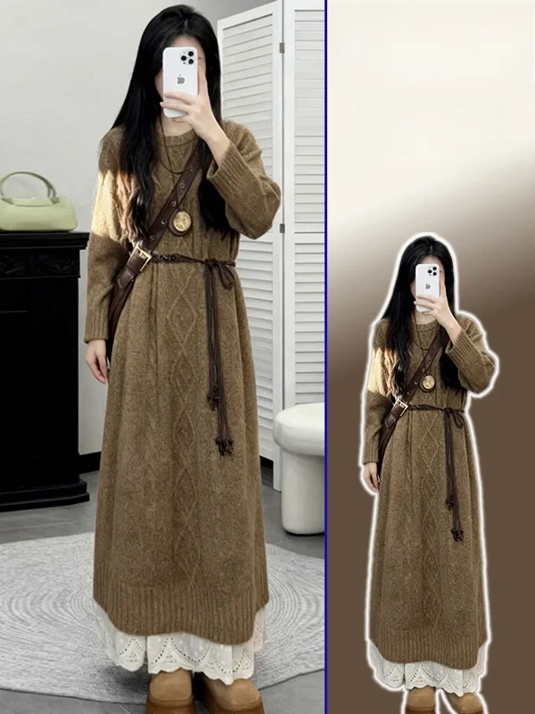 

plus Size Vintage Coffee Knitted A-Line Dr Women's Spring New Sle Slimming Waist Belted Long Dr Casual Loose Fit