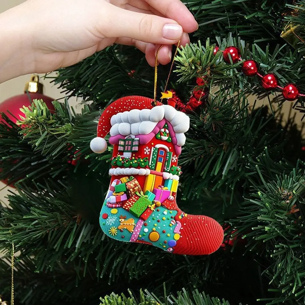 1/6Pcs 2D Christmas Socks Decorations Colorful Handcrafted Christmas Tree Ornaments Acrylic Christmas Tree Pendant Holiday Decor