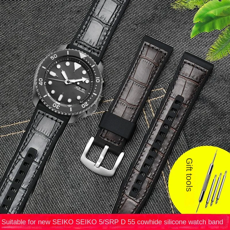 For New SEIKO Men's watch strap SRPD55/SRPD65K3/SRPD76K1 cowhide silicone Bottom Bracelet Waterproof Sport Watchband 22mm