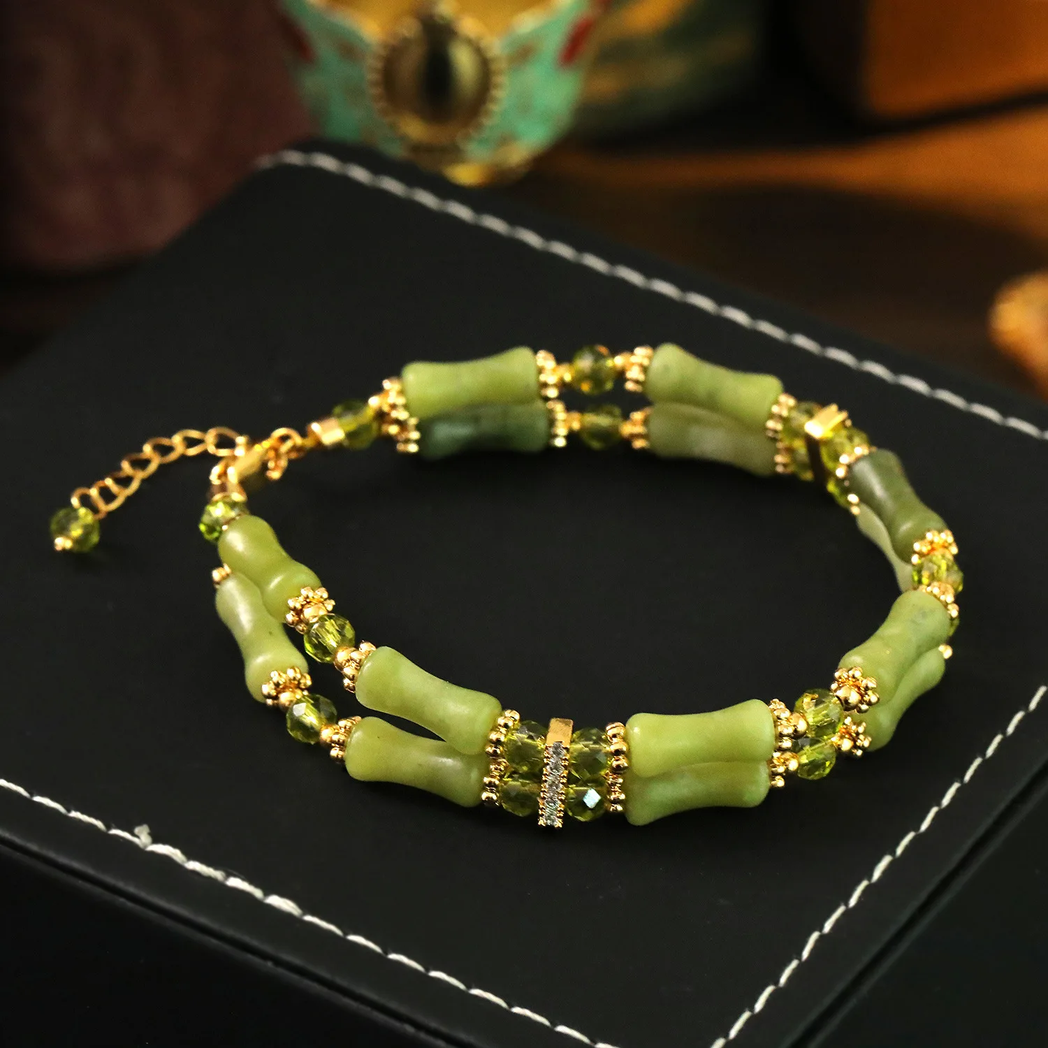 Chinese Style Lucky Bamboo Jade Double Layer Bracelet 18k Gold Plated Green Crystal Fortune Blessing Good Luck Jewelry For Women