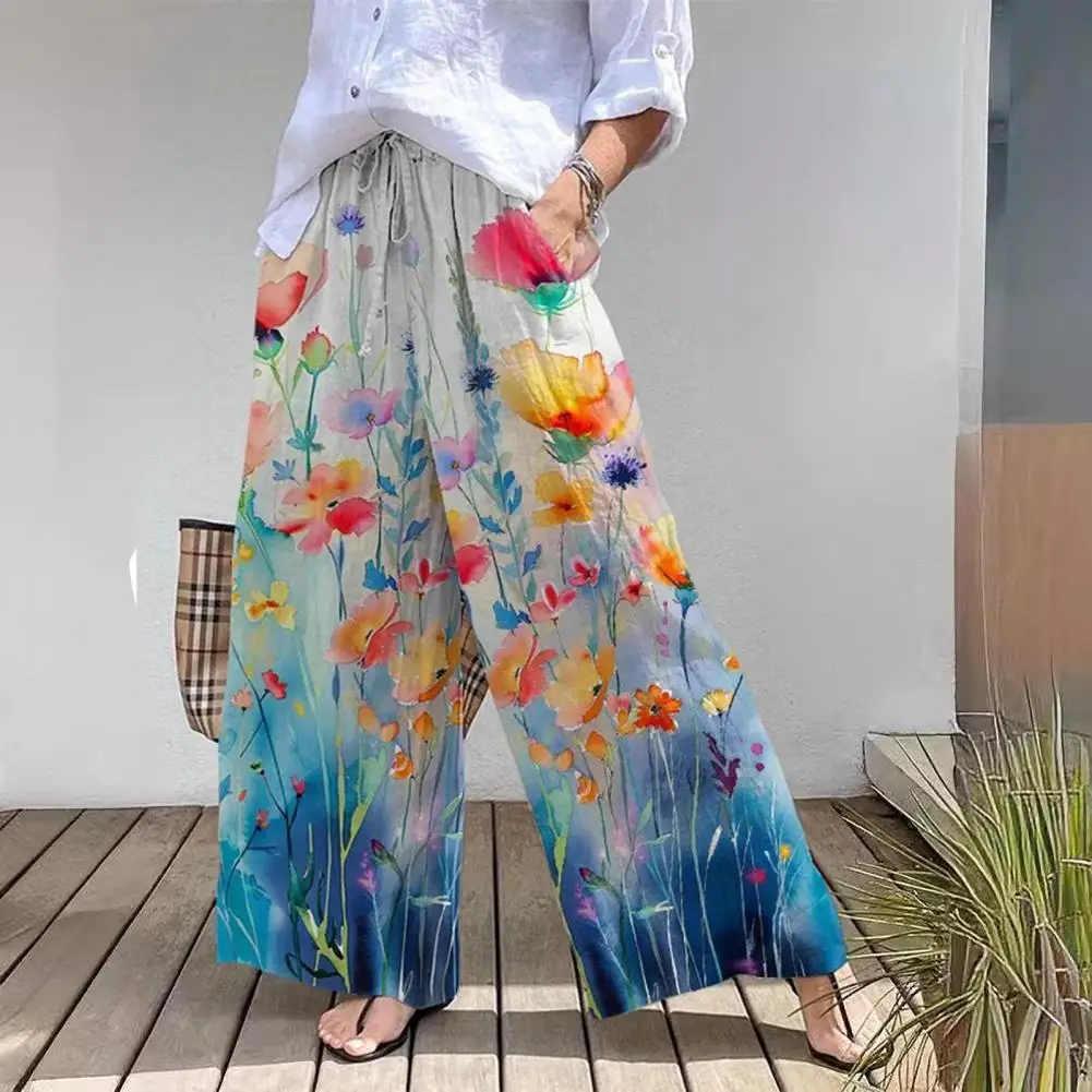 

Women Wide-leg Pants Digital Print Pants Stylish Women's Elastic Waist Wide-leg Pants with Floral Digital Print for Summer