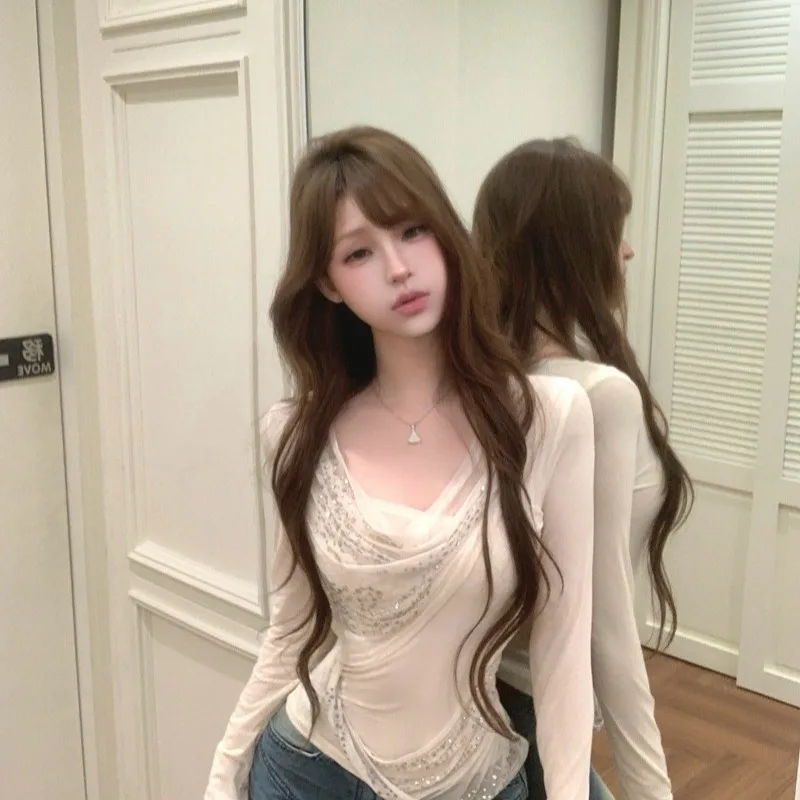 Long Sve Me T-irt レディース 秋冬新作 Sle Ele スリミングトップ グリッター ダイヤモンドカラー カジュアル ピュアカラー