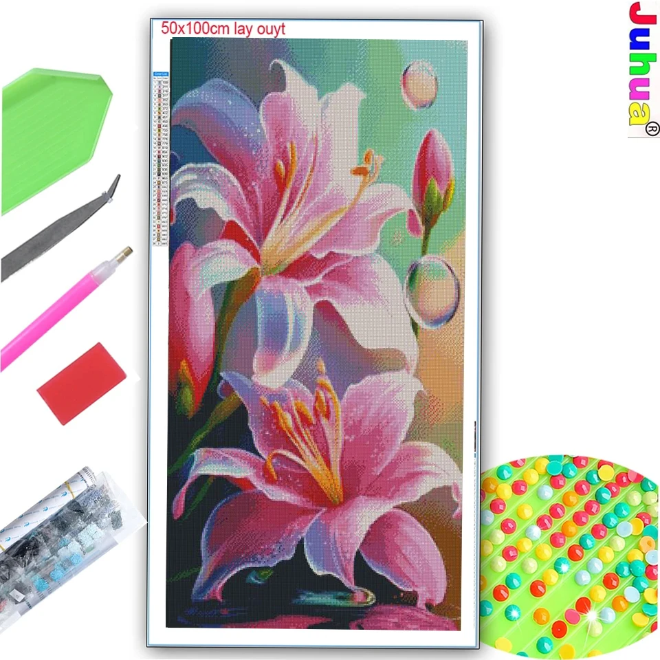 Pink Lily diamond painting new 2024 Full Square Round Diy Diamond Mosaic Jewelry cross stitch fresh flower Large Size Home Decor