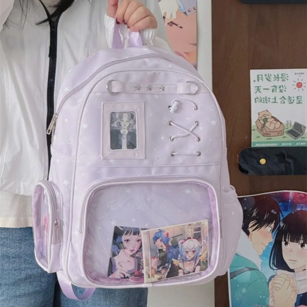 透明な星柄プリントバックパック-ロリータ-イタバッグ-透明イタバッグ-大容量-多ポケット-学生用スクールバッグ-旅行用
