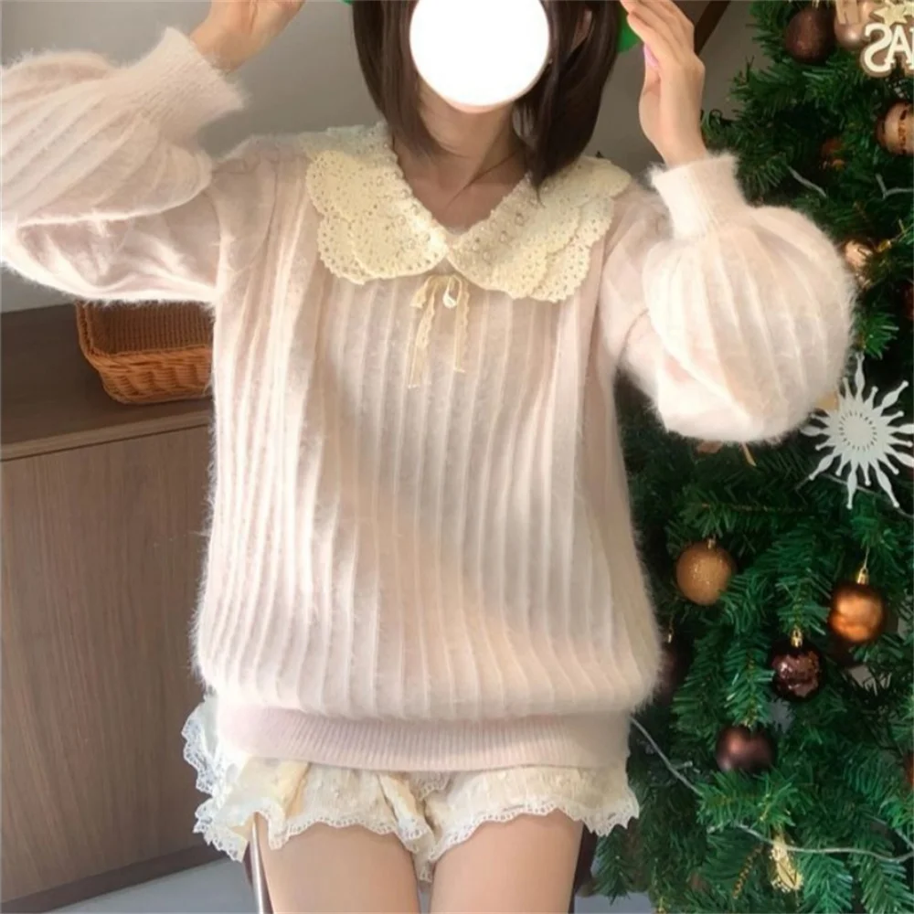 Doce rosa peter pan colarinho retalhos camisola feminina estilo coreano vintage usar malha topo 2025 outono e inverno pulôver bonito arco