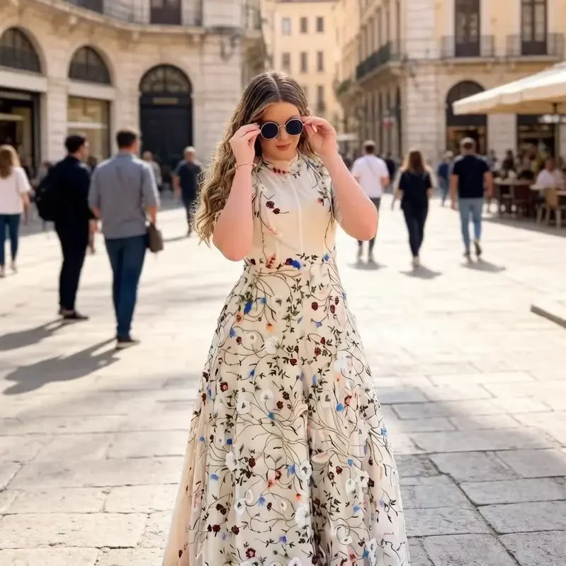 

Elegant Floral Embroidered Tulle Gown High Neck Short Sleeve Maxi Dress for Wedding Guest Boho Garden Party Summer Evening Event