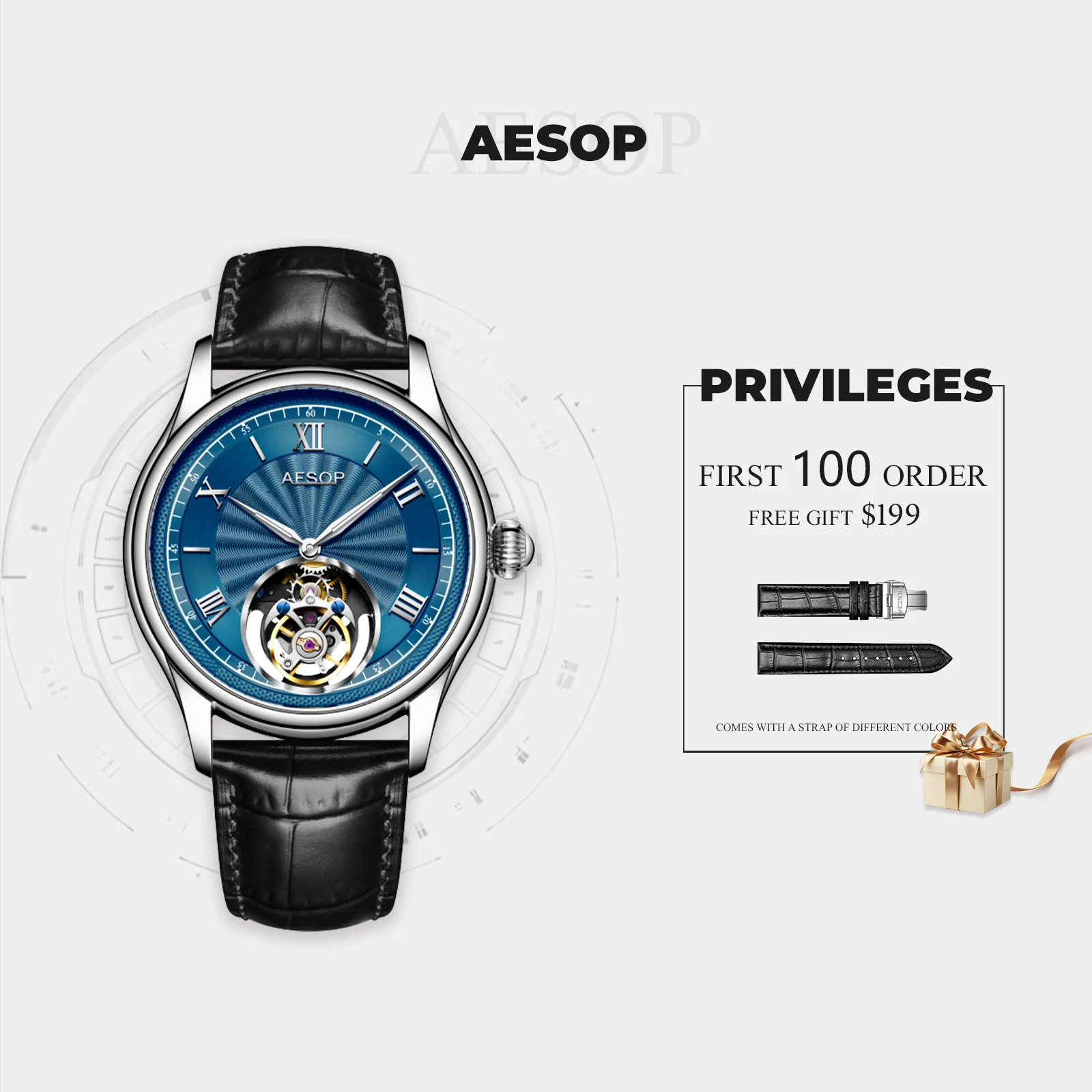 AESOP classic men's tourbillon manual mechanical watch Roman simple time light luxury 3ATM waterproof watch with leather strap