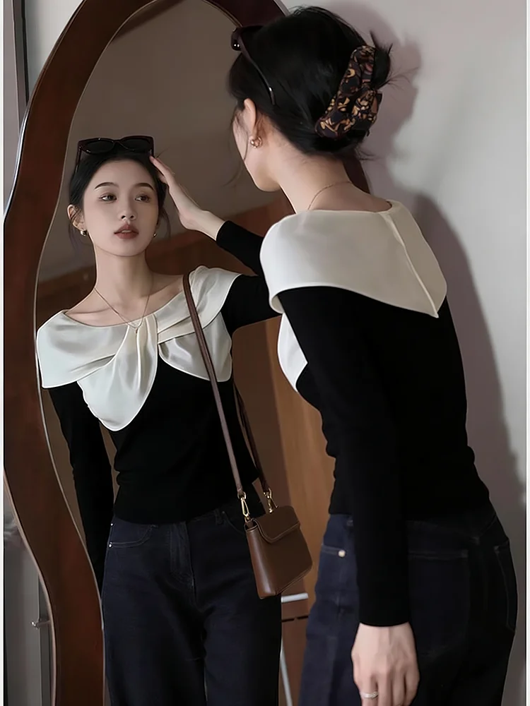 

Bla White Color Blo Oulder Lobone Top Женская весна-осень-зима Внутренняя одежда Корейский Sle High End Feeling Long ...