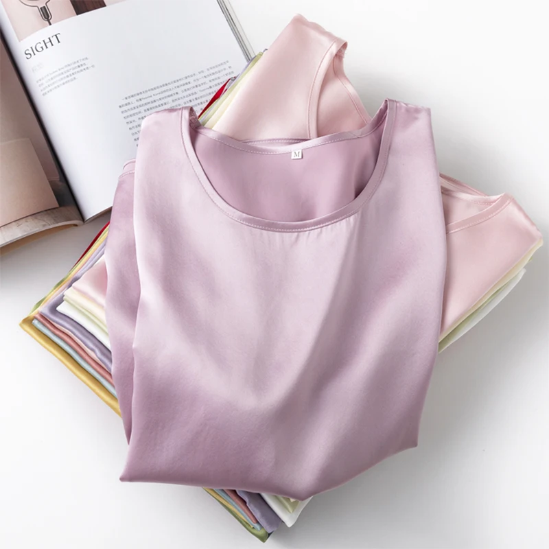 Women 100% Mulberry Silk 19 Momme half sleeve Crew Neck Top Shirt Blouse T-shirt More Colors M L XL MM4270