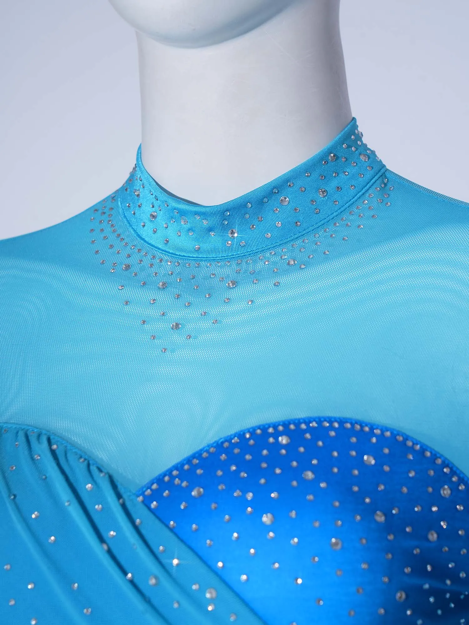 Womens Lyrical Figure Skating Dress Rhythmic Gymnastics Costume Shiny Rhinestones Long Sleeves Sheer Mesh Ballet Dance Leotard