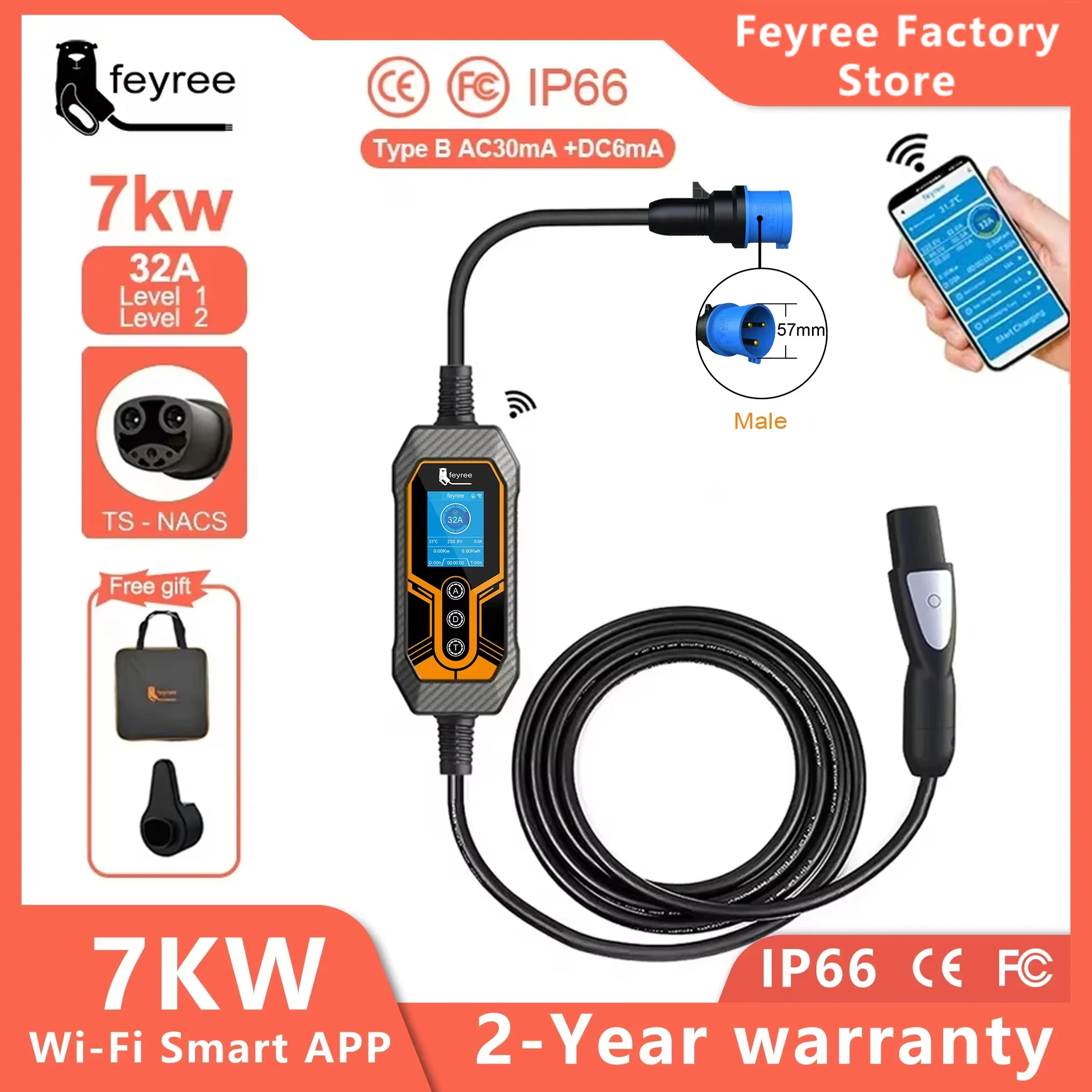 feyree Ładowarka EV Wallbox TS-NACS Gniazdo 32A 7KW 1-fazowa kontrola APP Przenośna ładowarka EVSE do modeli samochodów Tesla 3/Y/S/X