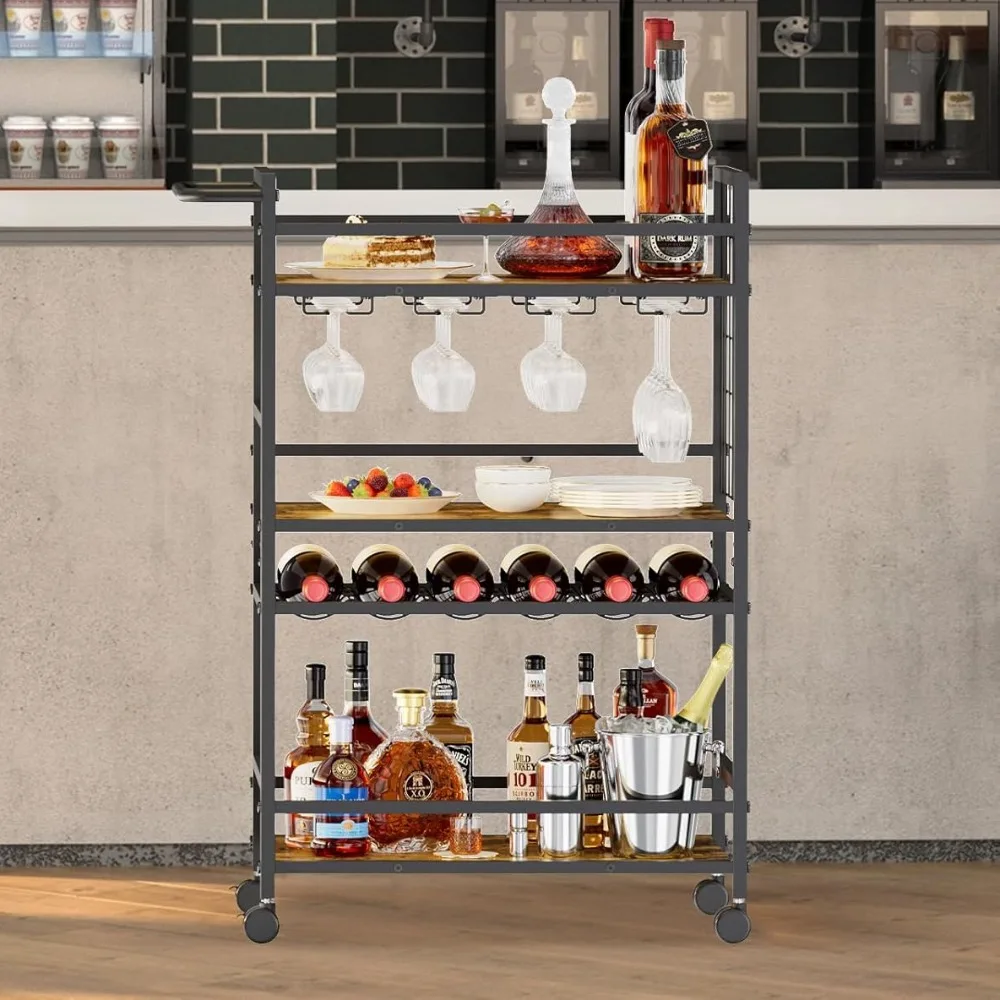 

3 Tier Bar Cart on Wheels, Rolling Drink Trolley, Home Bar Service Cart with Wine Rack and Glass Rack for Kitchen Dining Room