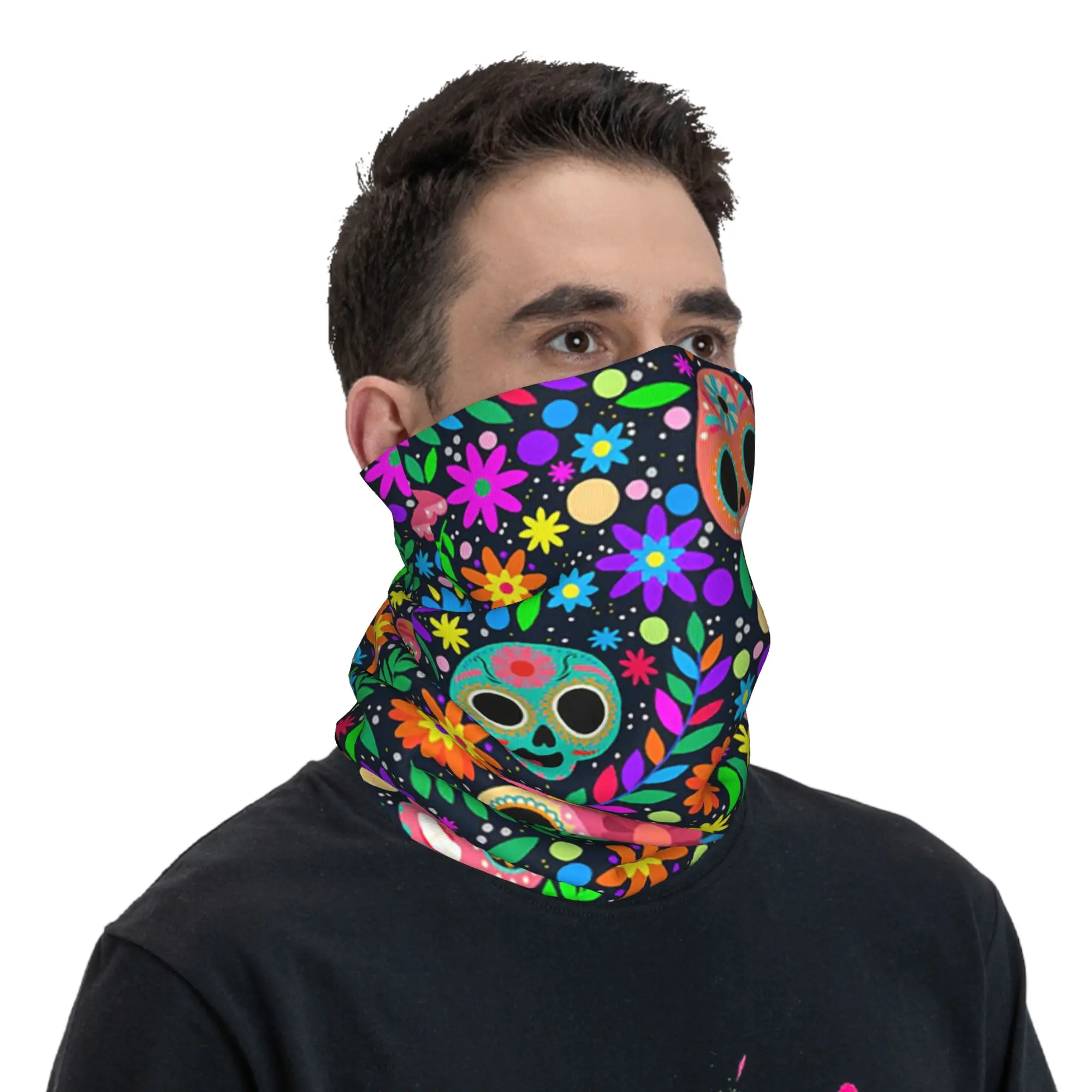Sugar Skull Mexican Flower Halloween Day Of The Dead Bandana Neck Gaiter Printed Mask Scarf Cycling Scarf Running Unisex Adult