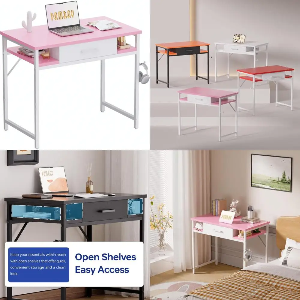 

Compact 32 Pink Desk with Drawers and Shelves for Home Office or Bedroom Study Area