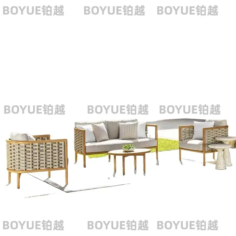for Courtyard Outdoor Sofa Garden Rattan Table and Chair Set Hotel Villa Solid Wood Waterproof Sunscreen Outdoor Furniture