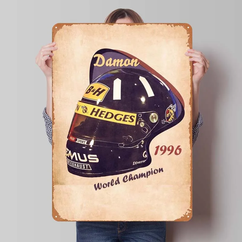 Damon Hill Helmet Retro Sign Sports Poster Decoration for Home Decor Metal Tin Sign for Wall Art Decoration Coffee Bar Man Cave