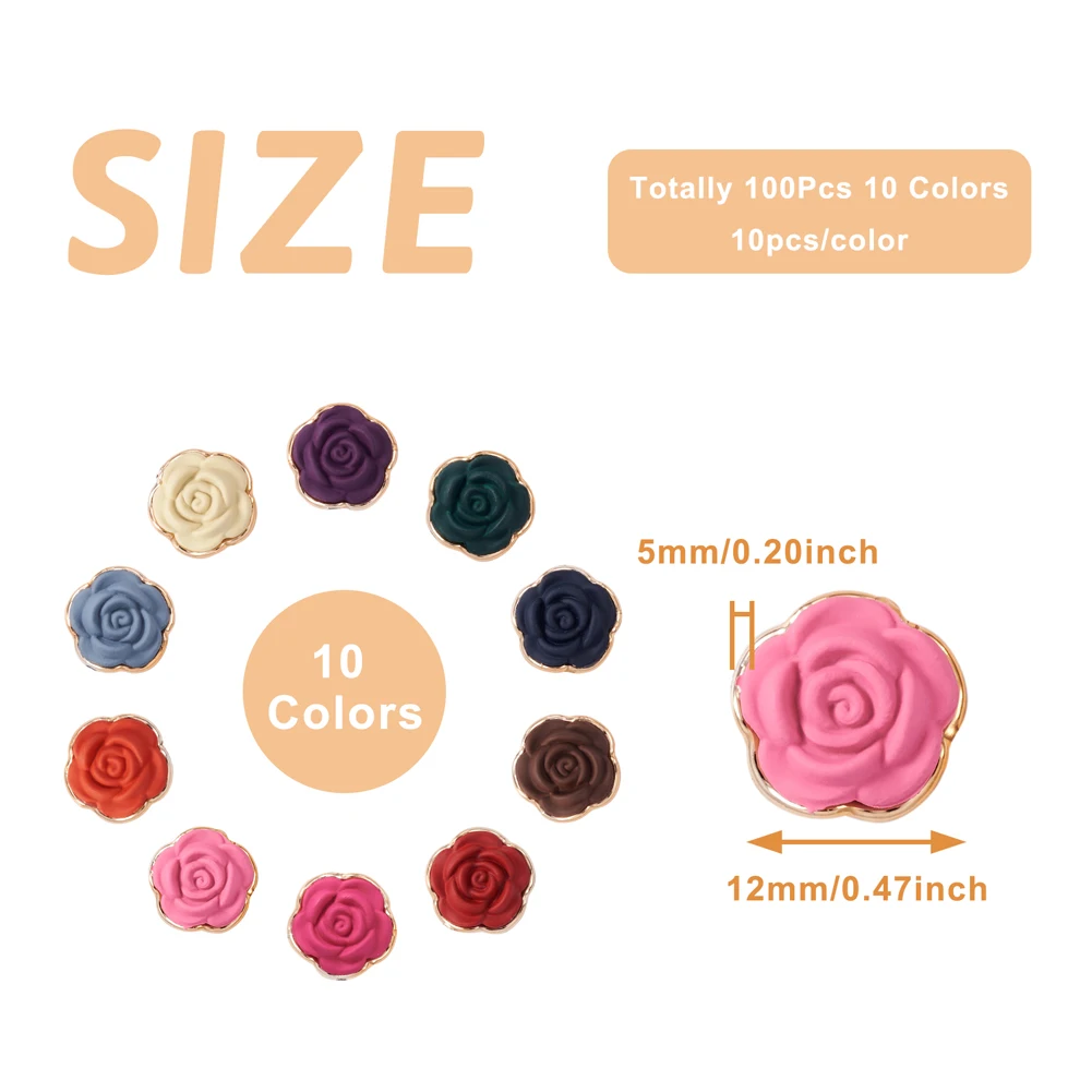 Kissitty 100Pcs Mixed Color Rose Shape Opaque Resin Flower Cabochons with Plastic Settings For Jewelry Making Gift