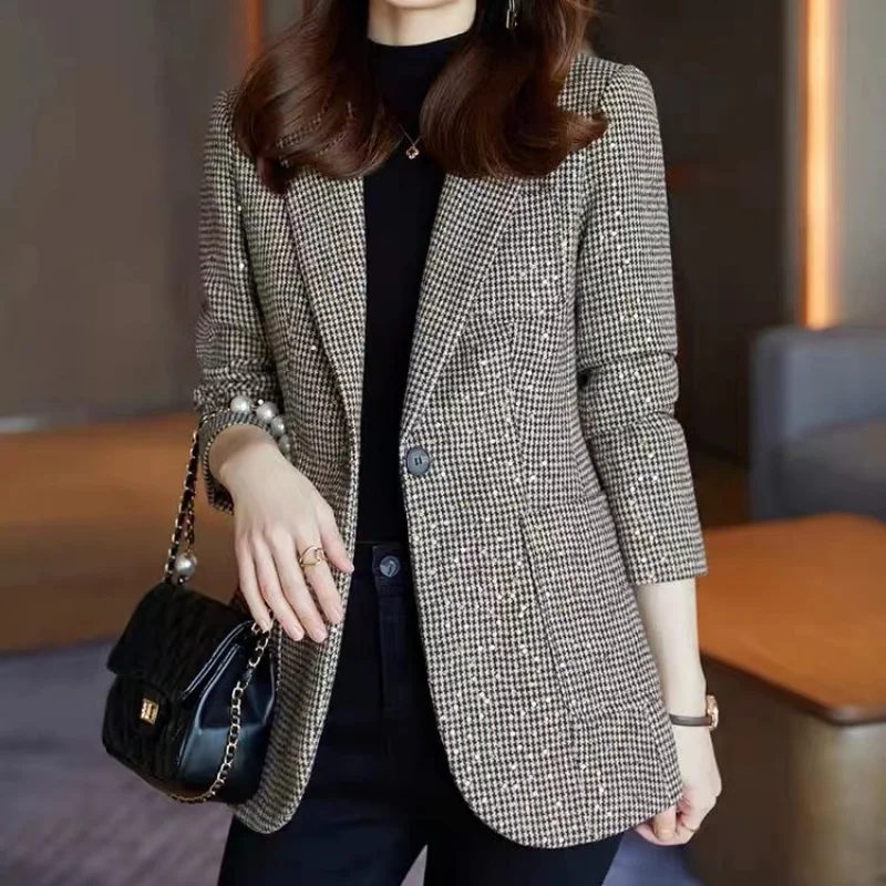 Spring fashion sequins houndstooth Ms. Suit new spring thickening casual jacket blazer women tweed chaqueta de mujer