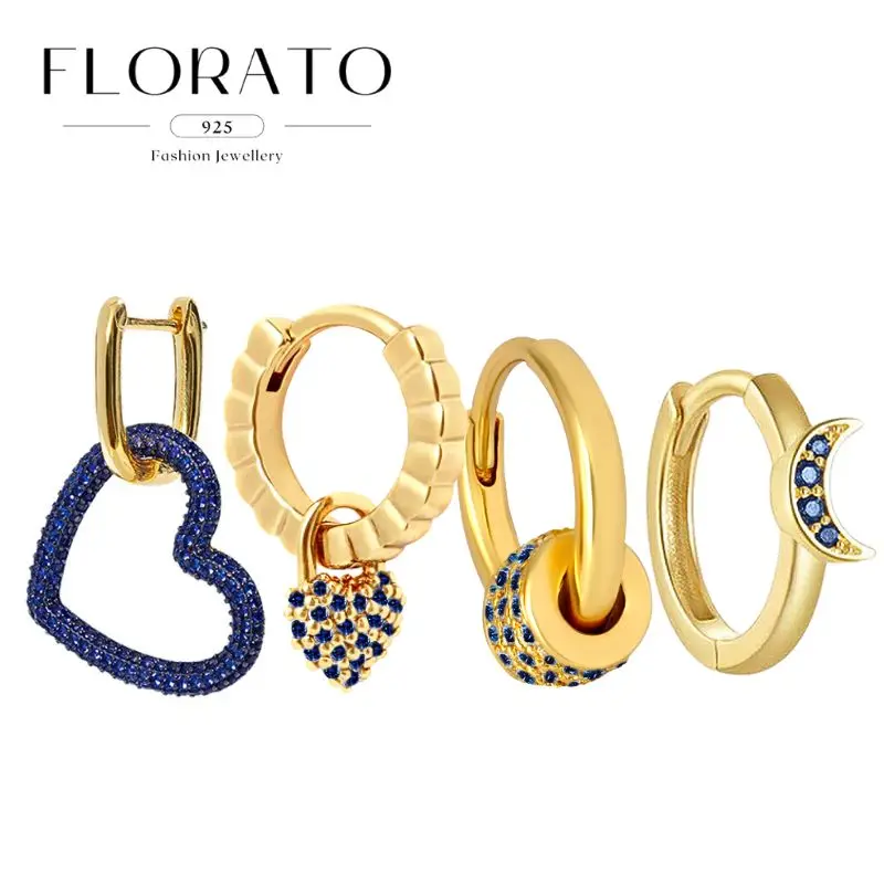 

925 Silver Needle Micro-set Zircon Heart-shaped Pendant Hoop Earrings For Women Royal Blue Zircon Earrings Fashion Party Jewelry