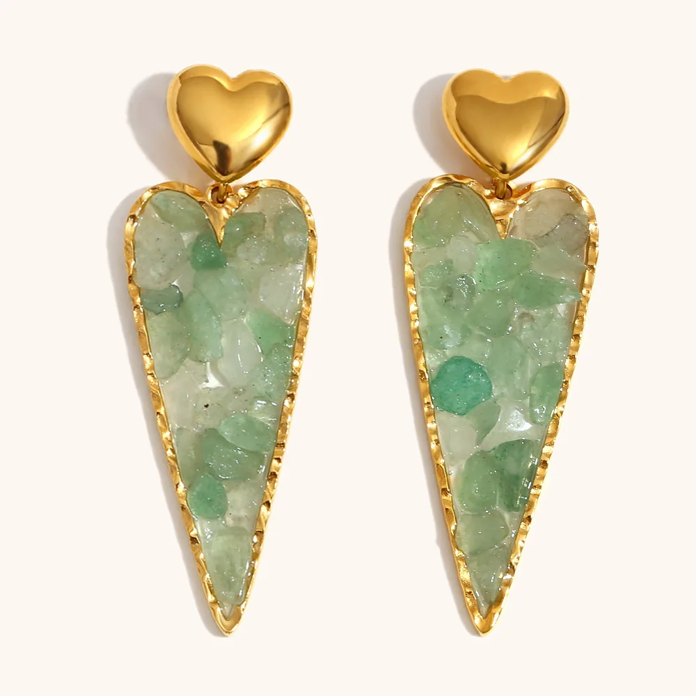 

18K Gold Plated Retro Style Stainless Steel Drop Earrings Green Aventurine Embellished Long Heart Waterproof drop Fashion