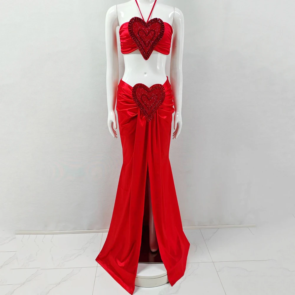 Ailigou New Sexy Party Club Two-Piece Short Sleeved Long Skirt Heart-Shaped Diamond Red Evening Dress