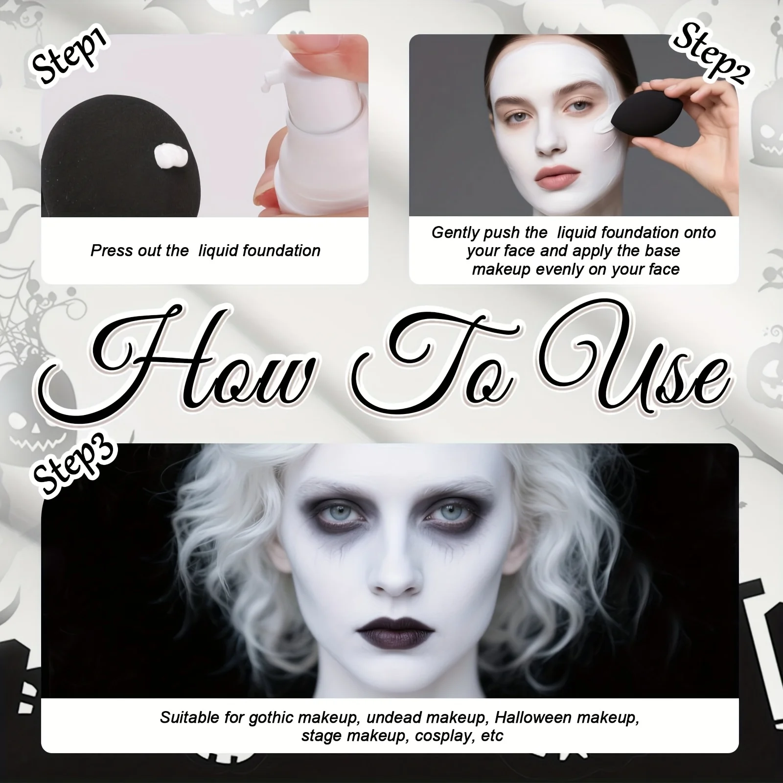 Set cosplay di Halloween con fondotinta liquido bianco e rossetto nero, adatto per adulti, finitura opaca, lunga durata per tutti i tipi di pelle