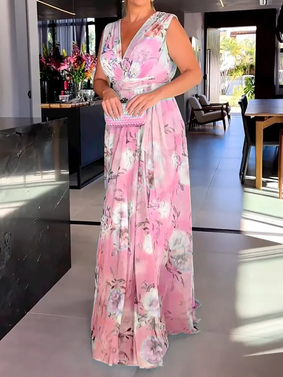 Vestido plisado sin mangas con estampado Vintage para mujer, vestido largo elegante con cuello en V para vacaciones y espalda descubierta, vestido de cóctel bohemio