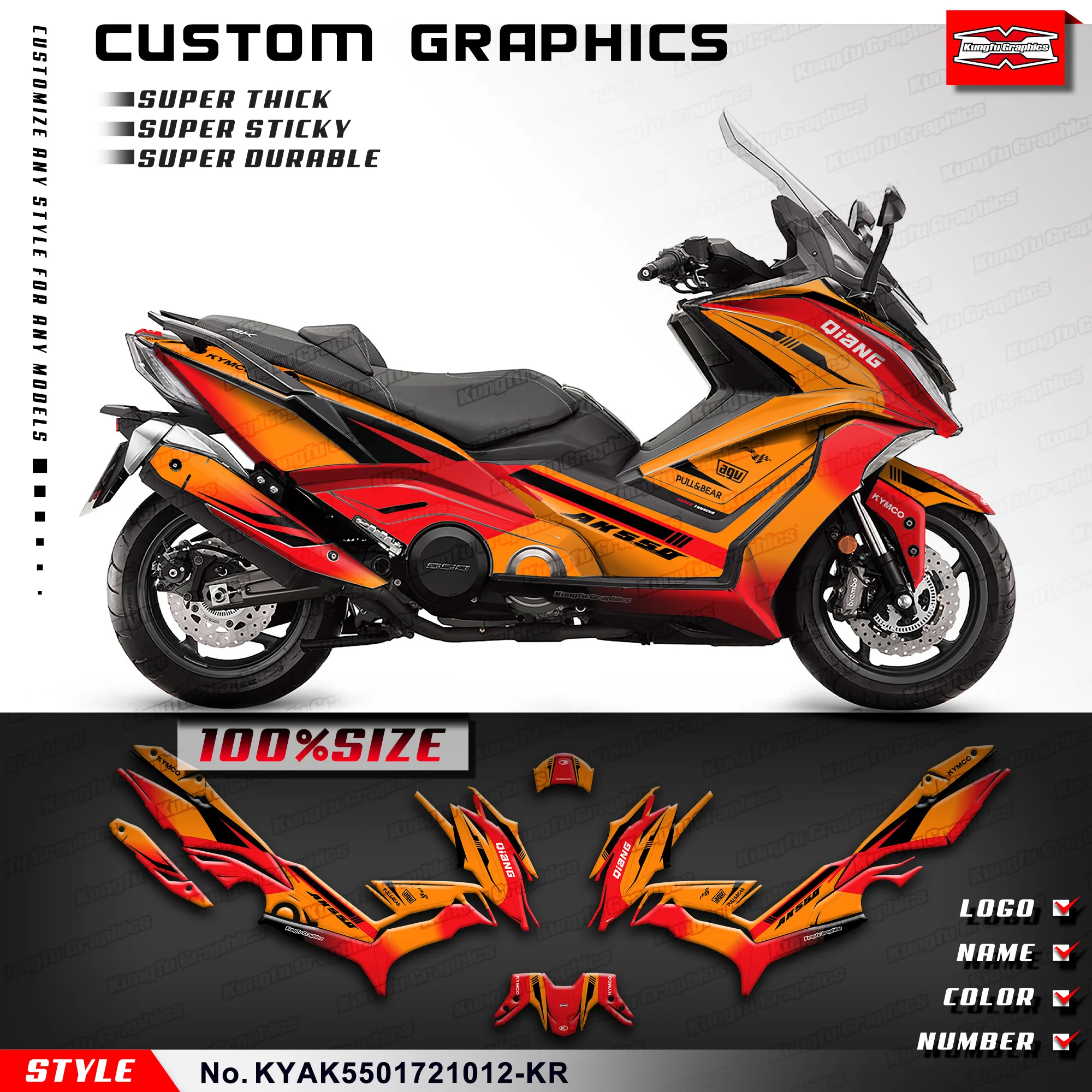 KUNGFU GRAPHICS Racing Graphics UV Resistant Laminate Kit for KYMCO AK550 2017 2018 2019 2020 2021, KYAK5501721012-KR